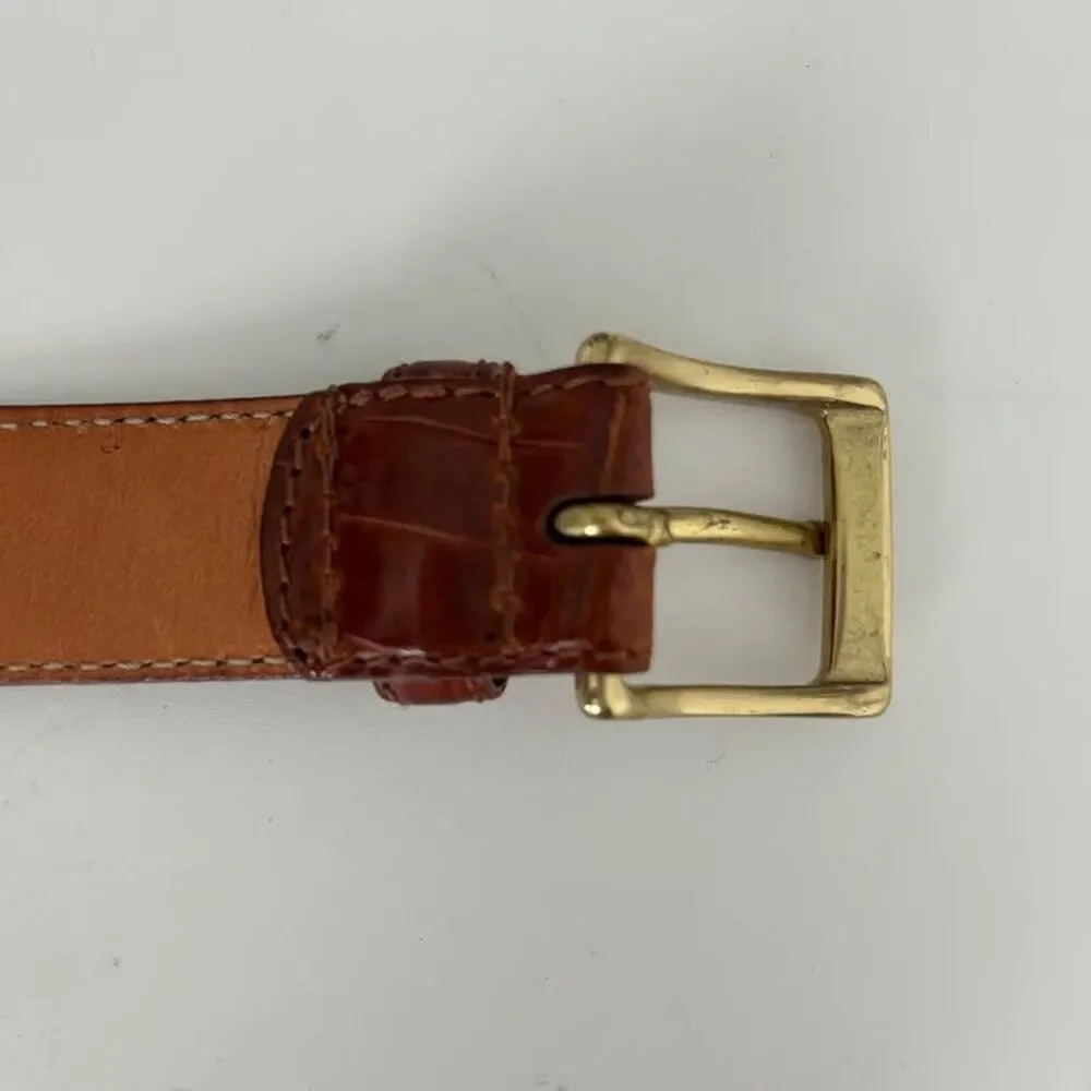 Mens Brown Leather Belt Crocodile Embossed Top Grain Cowhide Gold Buckle Size 38